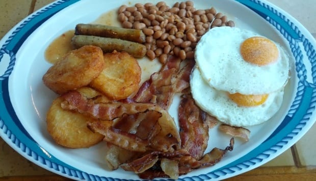 Fat breakfast bacon eggs hash browns