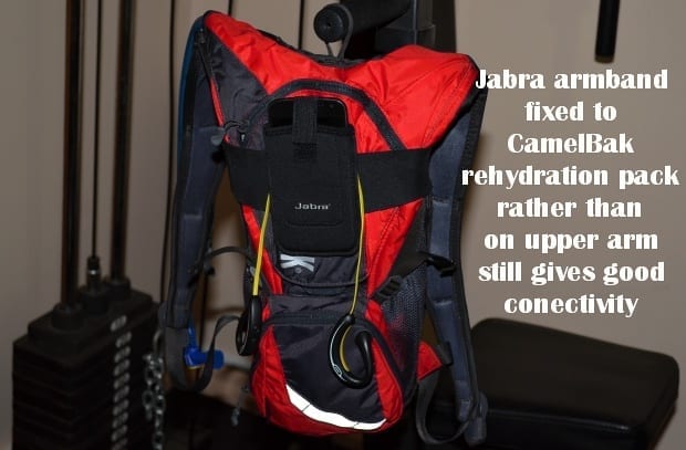 Jabra sports armband fixed to rear of CamelBak