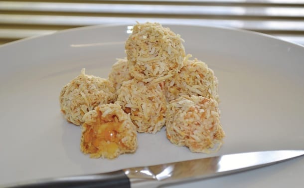 Dehydrated coconut covered tamarillo and pineapple fruit balls