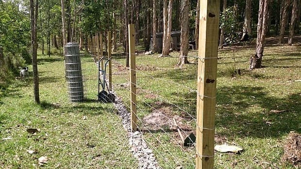 dog proof fence placing dog mesh onto posts