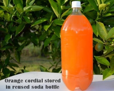 orange cordial stored in a reused soda bottle